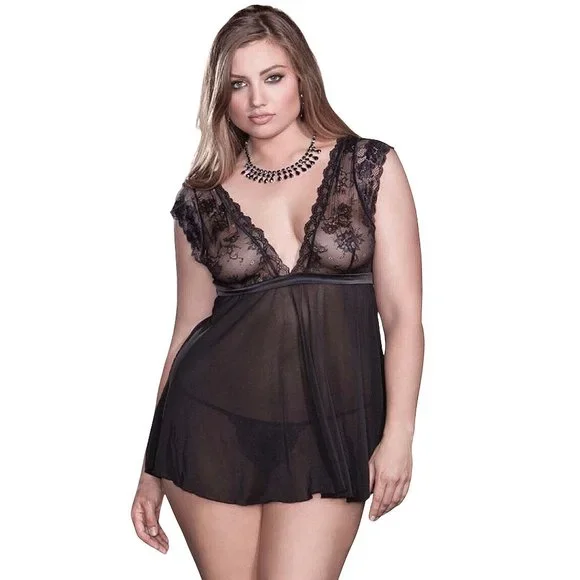 Plus Size 2X Black Babydoll Cap Sleeve Lace Open Bow Back Lingerie -8199 - Picture 3 of 9